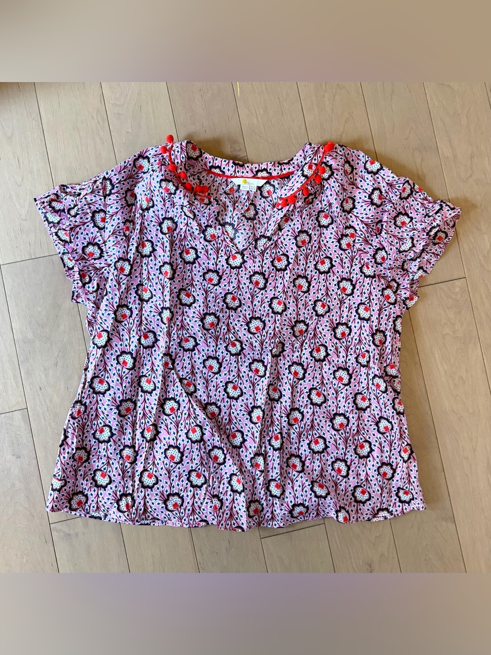 Boden Pink Floral Pom-Pom Trim Women’s Blouse
